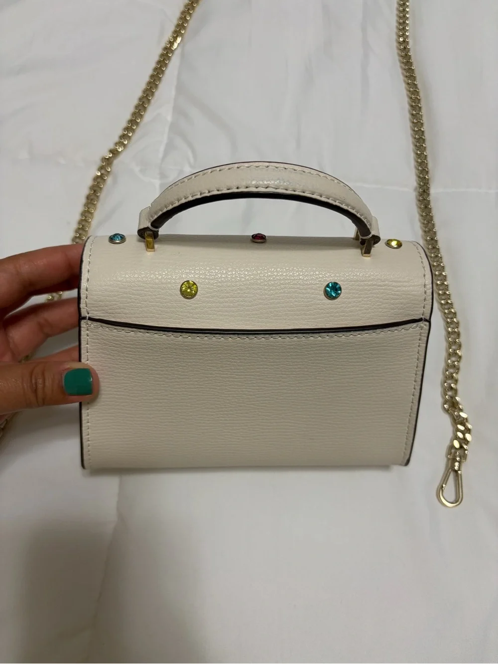 Limited edition kate spade cream mini top-handle bag with multicolor studs
